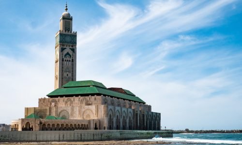 The beautiful view of the biggest mosque in Casablanca, Morocco. Hassan II Mosque.